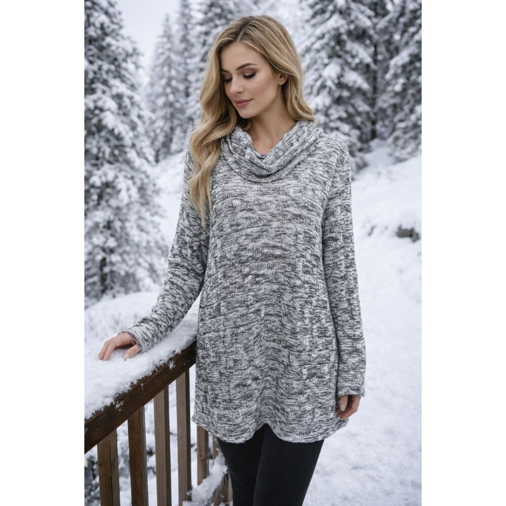 Chico's Spacedye Blur Cowl Loose Knit Tunic Contrasting Hem Women’s Size XL